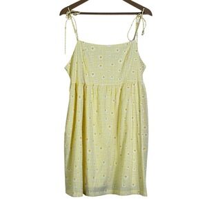 Altar'd State Yellow Gingham Daisy Print Sundress Tie Shoulder Mini Dress L